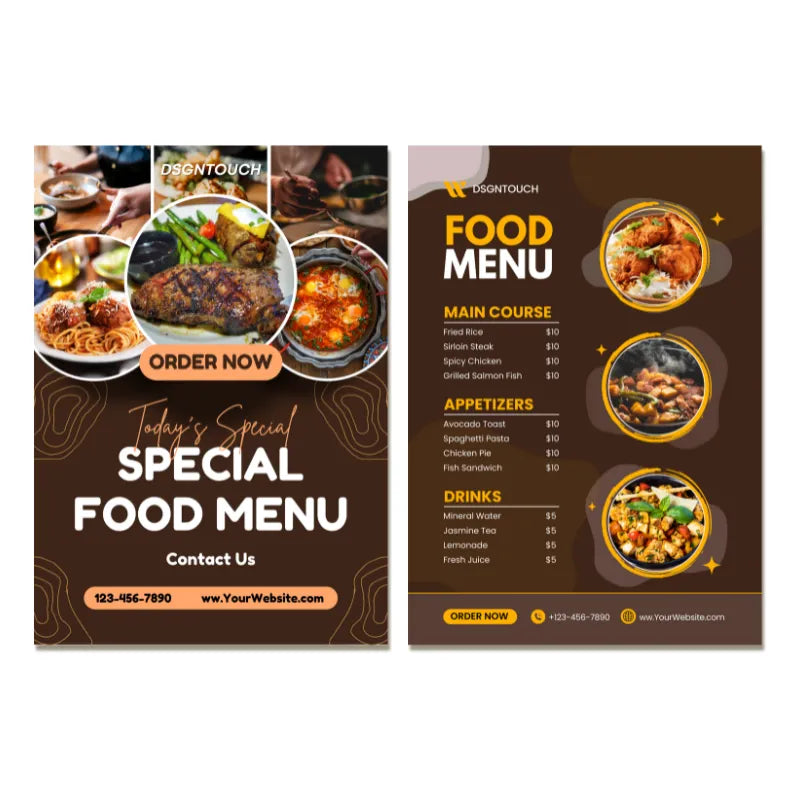 Brown 'Today's Special' food menu template: Restaurant order flyer with main course, appetizers & drinks listings