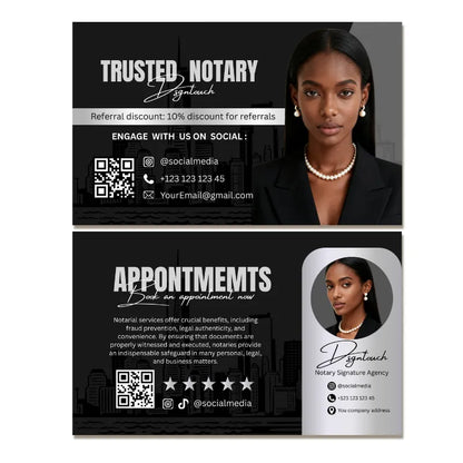 A mockup of a professional notary public business card template in a packaging box, featuring a referral discount offer and contact details.