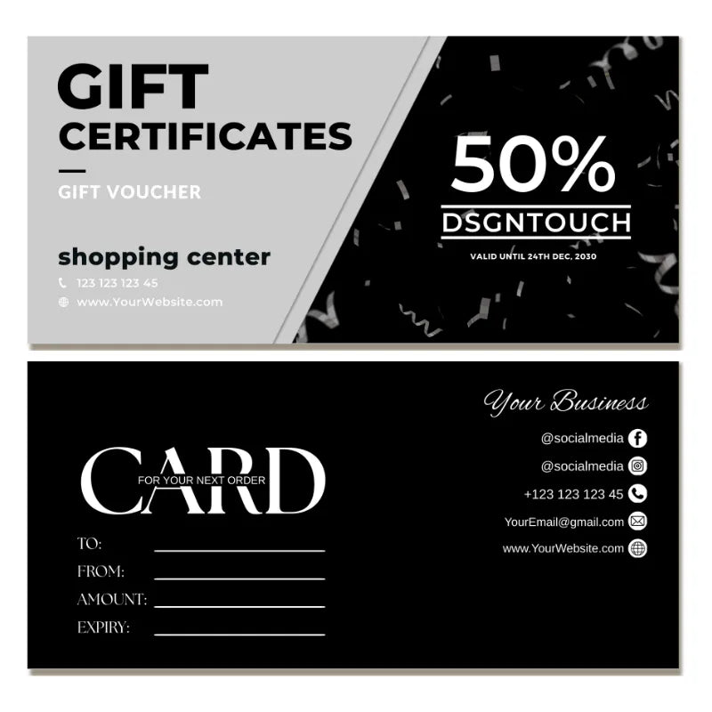 A mockup of a professional notary public business card template in a packaging box, featuring a referral discount offer and contact details.