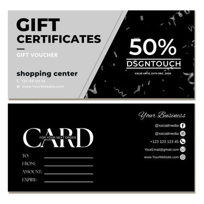 A mockup of a professional notary public business card template in a packaging box, featuring a referral discount offer and contact details.