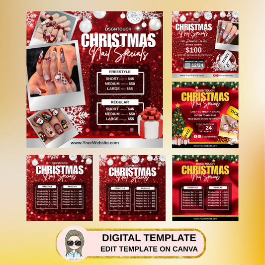 Burgundy and silver Christmas themed 9x9cm square card Canva template for nail salons, showing elegant holiday design with editable text areas