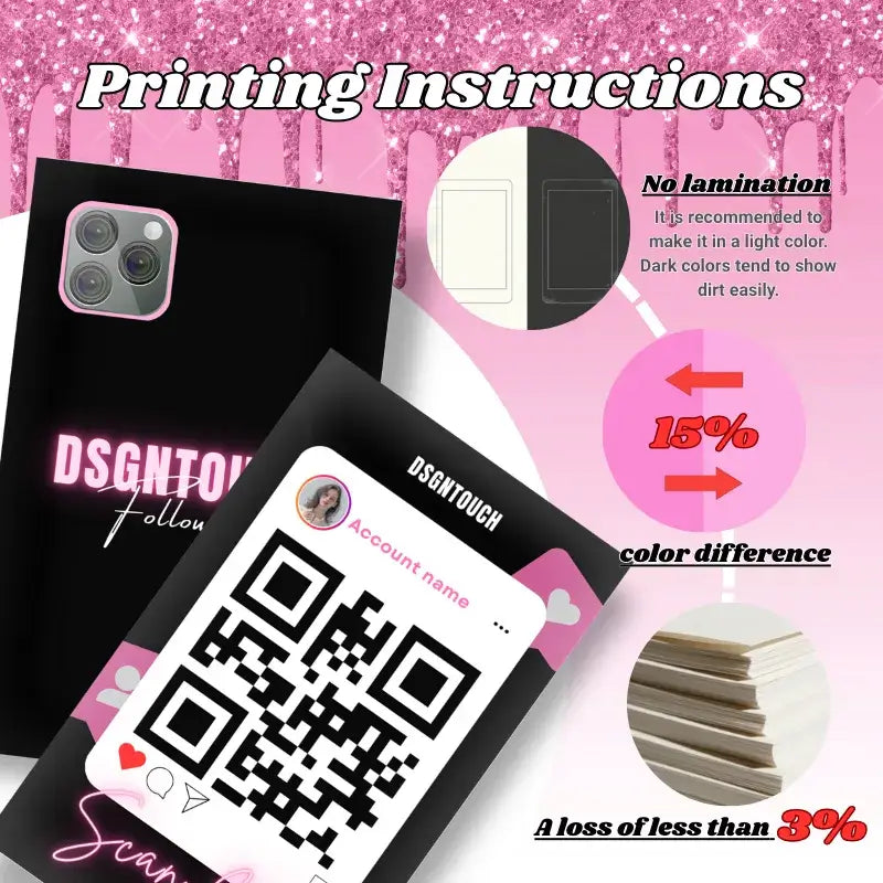 Business Card with QR Code printing instructions including no lamination and color difference guidelines.