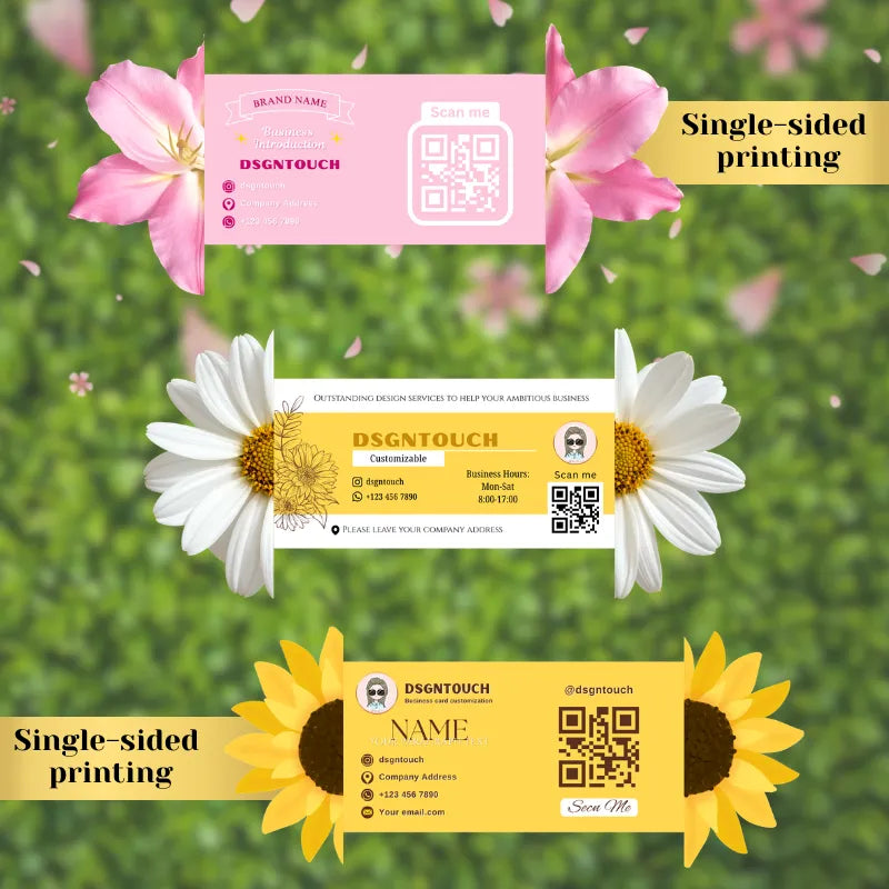 Custom die cut flyers showcasing single-sided printing in flower shapes from DSGNTOUCH.