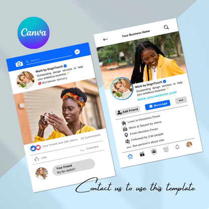 Canva-editable business Instagram template (profile + post layout): features "Work by Dsgntouch" branding, business details, and social interaction elements; text "Contact us to use this template".