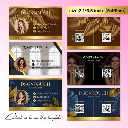 Three high-end glossy business cards for hair salons featuring luxurious designs and QR codes.