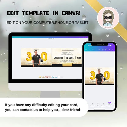 30th birthday card digital template displayed on a computer and phone, easy to edit in Canva.