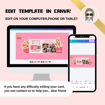 Nail business card template available for editing on computer, phone, or tablet using Canva.