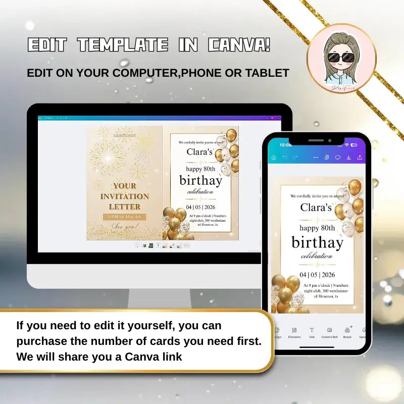 Editable Canva template for a happy 80th birthday card for elderly.