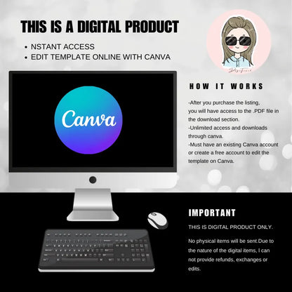 Guide for Canva-editable digital templates: covers instant access, PDF download process, Canva account requirements, and digital-only terms (no physical items, no refunds).