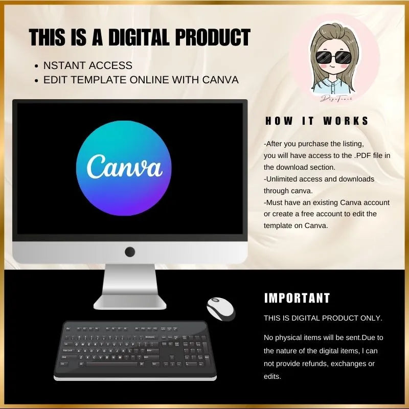 Guide for Canva-editable digital templates: covers instant access, PDF download, and digital-only terms (no physical items, no refunds).