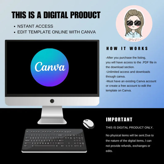 Instructions for Canva-editable digital templates: details instant access, PDF download process, and key terms (digital-only, no refunds/exchanges).