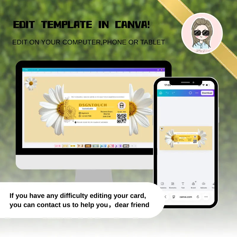 Flower Shaped Business Cards template displayed on computer and phone screens for easy editing in Canva.