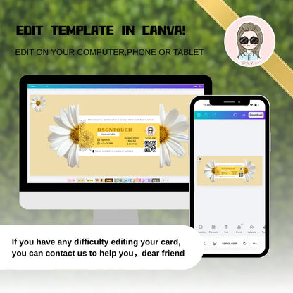 Flower Shaped Business Cards template displayed on computer and phone screens for easy editing in Canva.