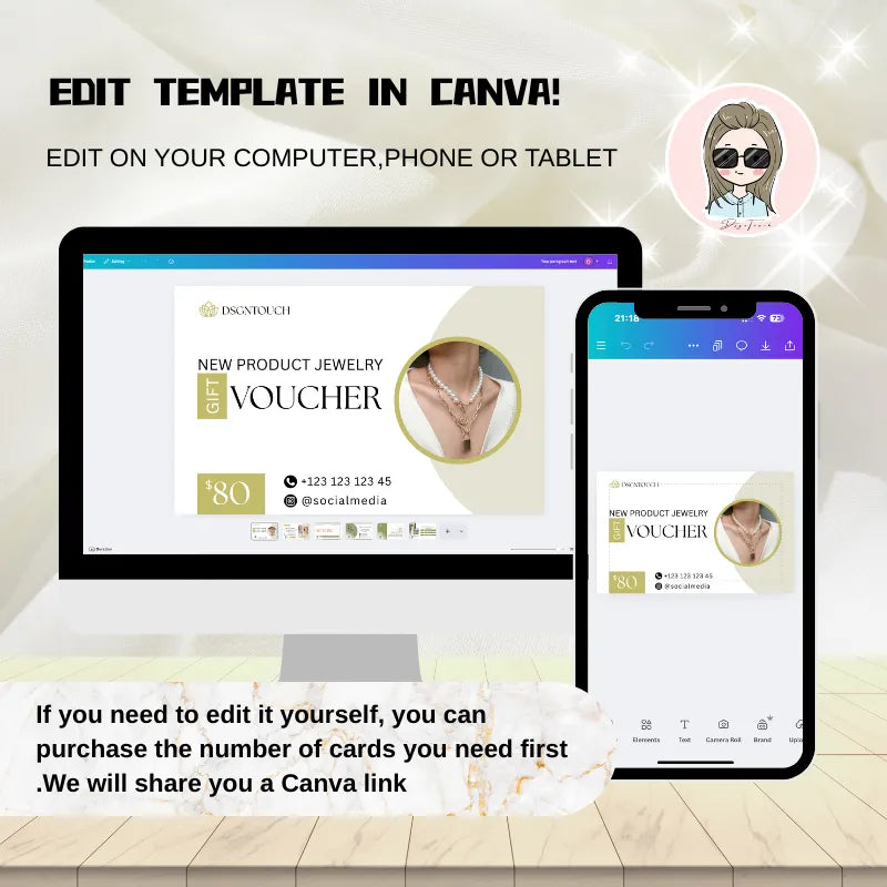 Promotional image showing how to edit the jewelry voucher template in Canva on computer, phone, or tablet for easy self-customization.