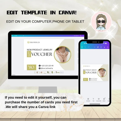Promotional image showing how to edit the jewelry voucher template in Canva on computer, phone, or tablet for easy self-customization.