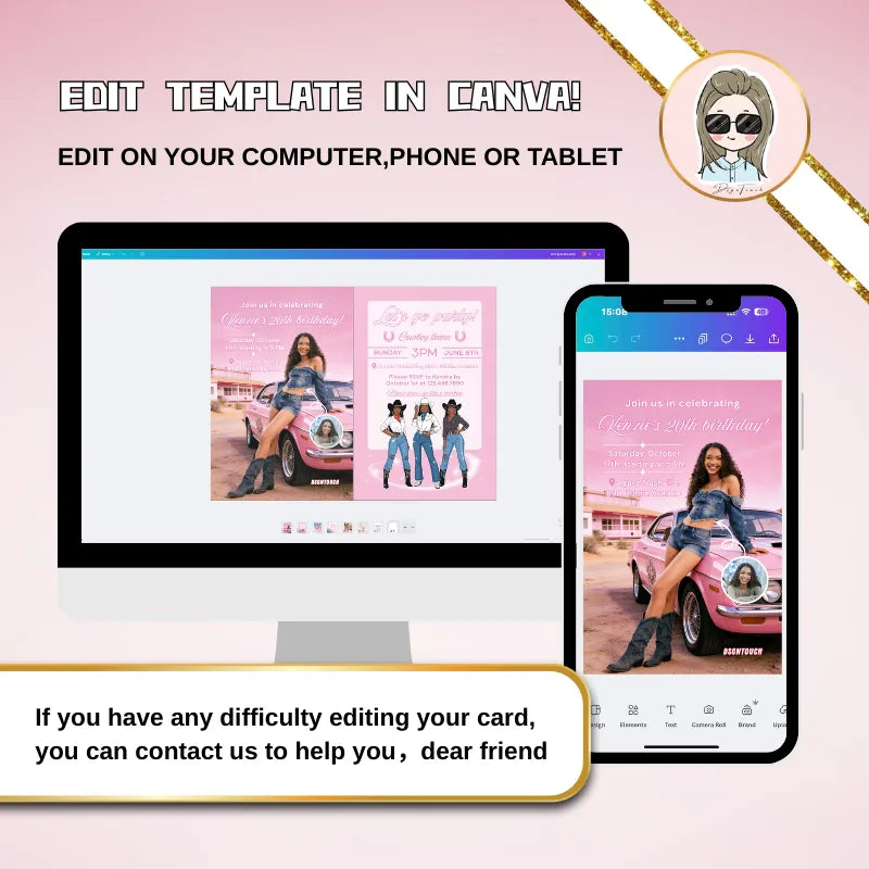 Pink birthday card design editable in Canva, edit on computer/phone/tablet, digital download, customer support available for editing assistance