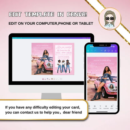 Pink birthday card design editable in Canva, edit on computer/phone/tablet, digital download, customer support available for editing assistance