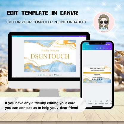 Canva template editing demonstration for business cards, showing the design on a desktop computer and mobile phone, with an illustration of a designer, digital download product.
