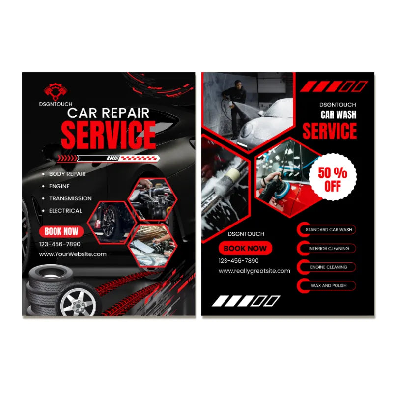 Car repair & car wash service flyer template: 50% off car wash promotion with repair service listings