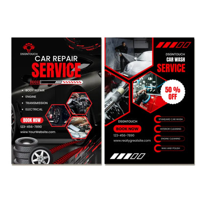 Car repair & car wash service flyer template: 50% off car wash promotion with repair service listings