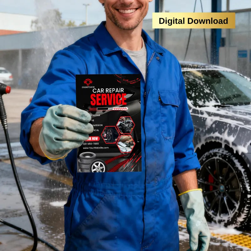 Car repair worker holding service flyer template (digital download): Editable design with repair service listings