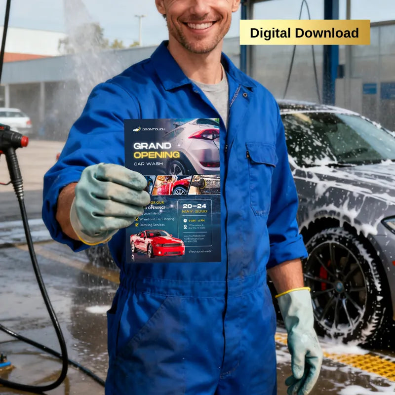 Car wash worker holding grand opening flyer template (digital download): Editable design with service details & event dates