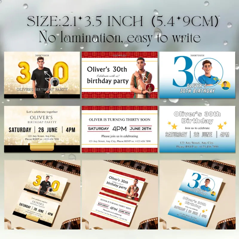 30th birthday invitation for men featuring designs for Oliver's 30th birthday party, 300gsm art paper, easy to write.