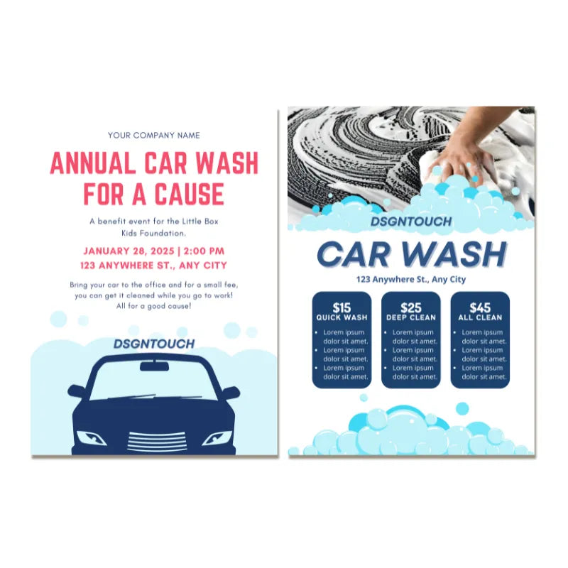 Charity car wash event flyer template: Benefit event design with $15/$25/$45 wash pricing tiers 