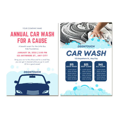 Charity car wash event flyer template: Benefit event design with $15/$25/$45 wash pricing tiers 