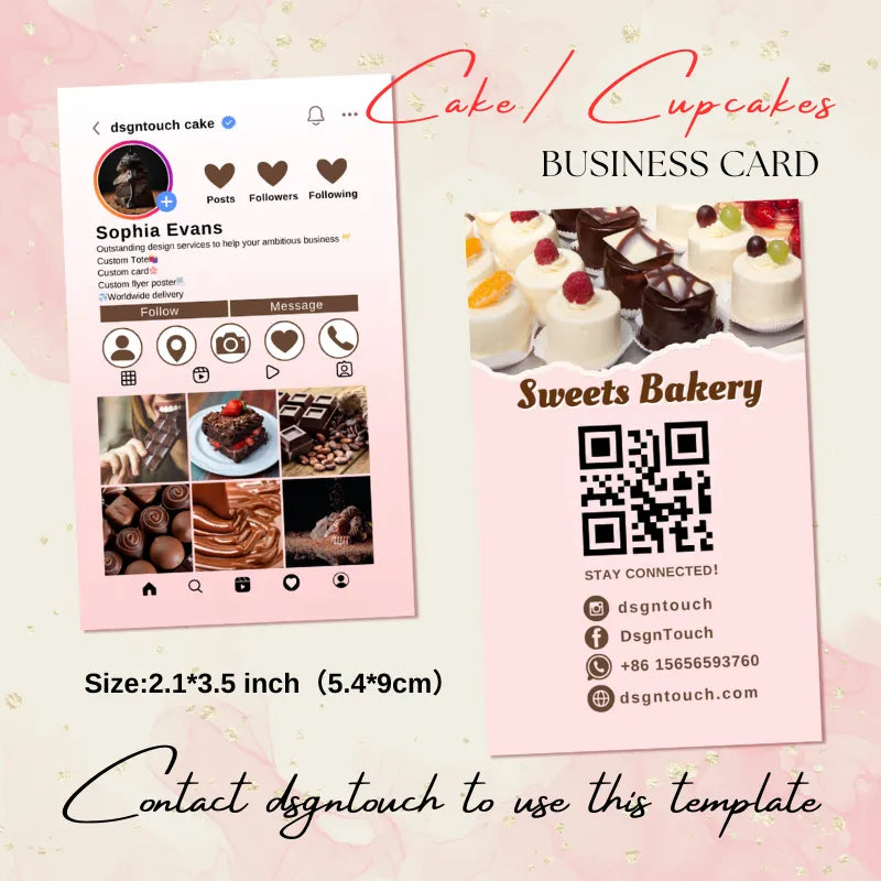 Chocolate dessert bakery template set (2.1x3.5 inch): Instagram profile layout (featuring chocolate treats) + business card with QR code, social links, and "STAY CONNECTED" prompt.