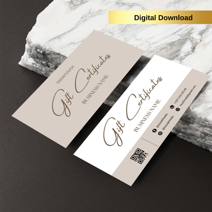 Close-up detail of the soft beige gift certificate template, highlighting its luxurious and calm aesthetic.