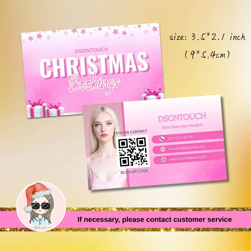 Blush silver Christmas business cards featuring festive design and contact info for lash techs by DSGNTOUCH.