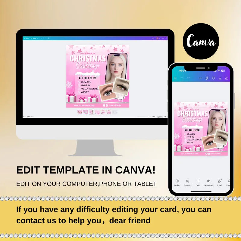 Blush pink Christmas digital business cards displayed on computer and tablet, designed for lash studios, editable in Canva.
