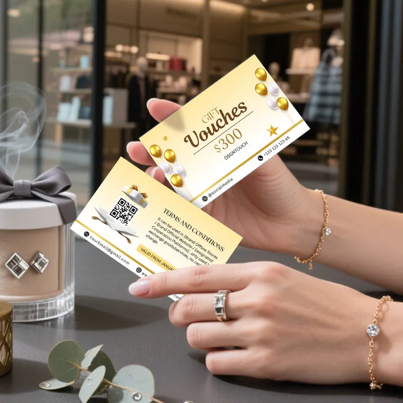 Gift Card Business Cards featuring elegant design and valuable redeemable offers in a stylish setting