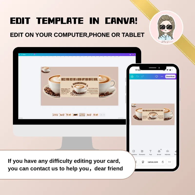 Coffee shop business card template with latte cup imagery displayed in Canva on a computer and smartphone.