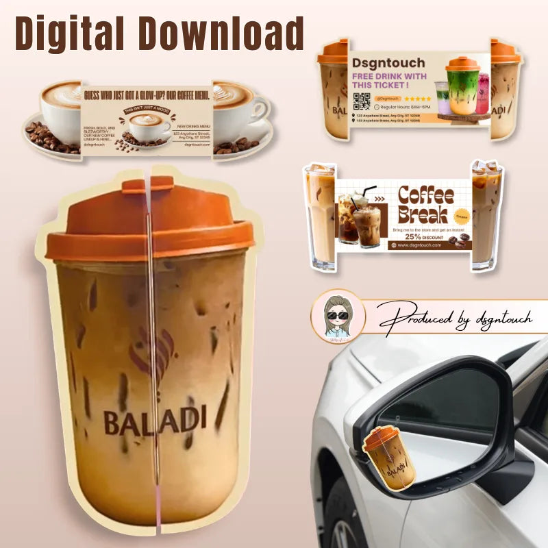 Coffee-themed promotional card design previews with latte and iced coffee shapes, including a folded cup-shaped example.