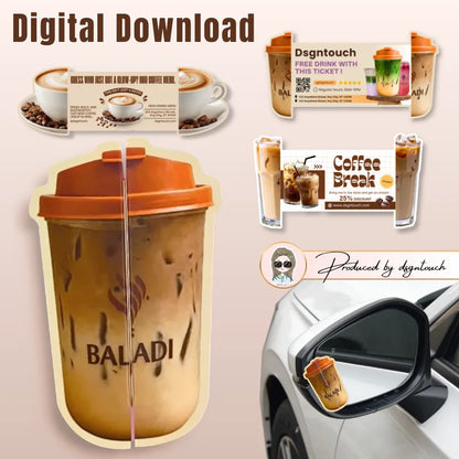 Coffee-themed promotional card design previews with latte and iced coffee shapes, including a folded cup-shaped example.