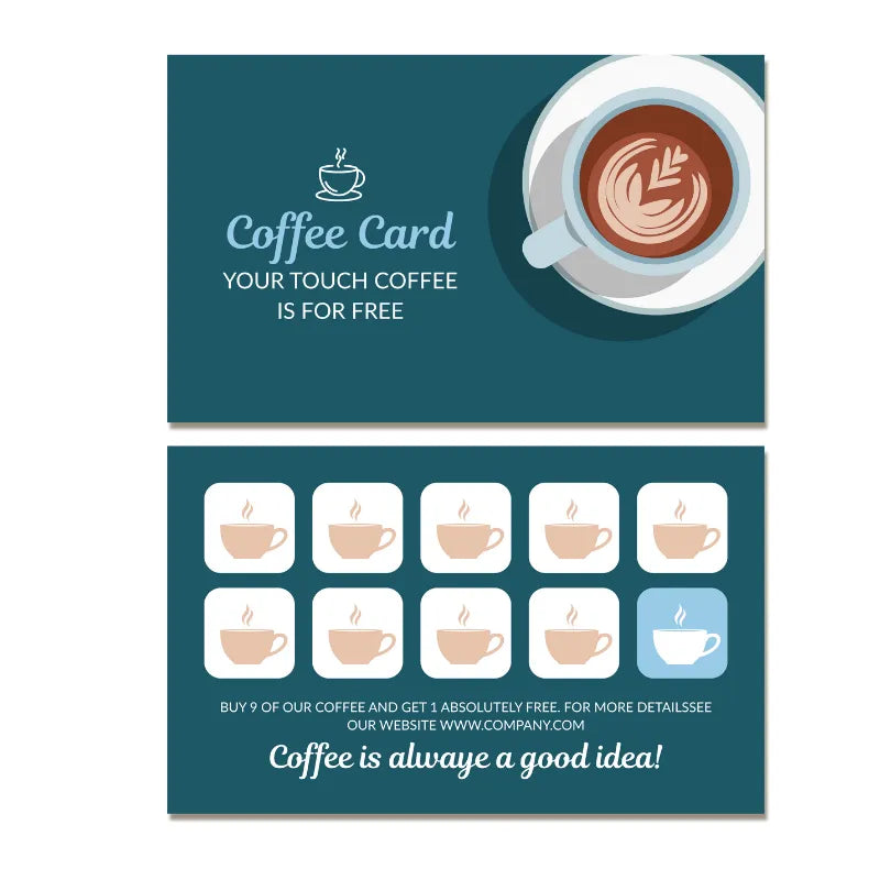 Teal coffee loyalty card template: Cafe reward card with latte art graphic and 'Buy 9 get 1 free' stamp spots