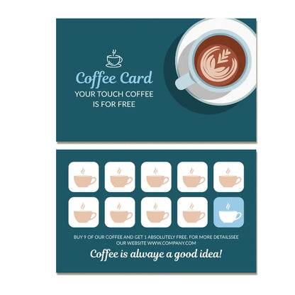 Teal coffee loyalty card template: Cafe reward card with latte art graphic and 'Buy 9 get 1 free' stamp spots