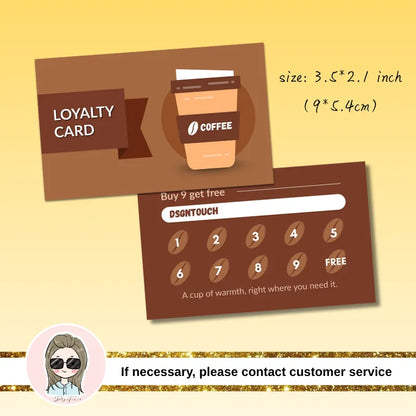 Brown coffee loyalty card size specification (3.5x2.1 inch / 9x5.4cm): Cafe reward card design with 'Buy 9 get 1 free' offer.