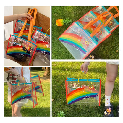 Assorted photos of rainbow-pattern clear tote bags (with "Good Luck" print) – held by hand, displayed on grass, and carried as a stylish reusable bag