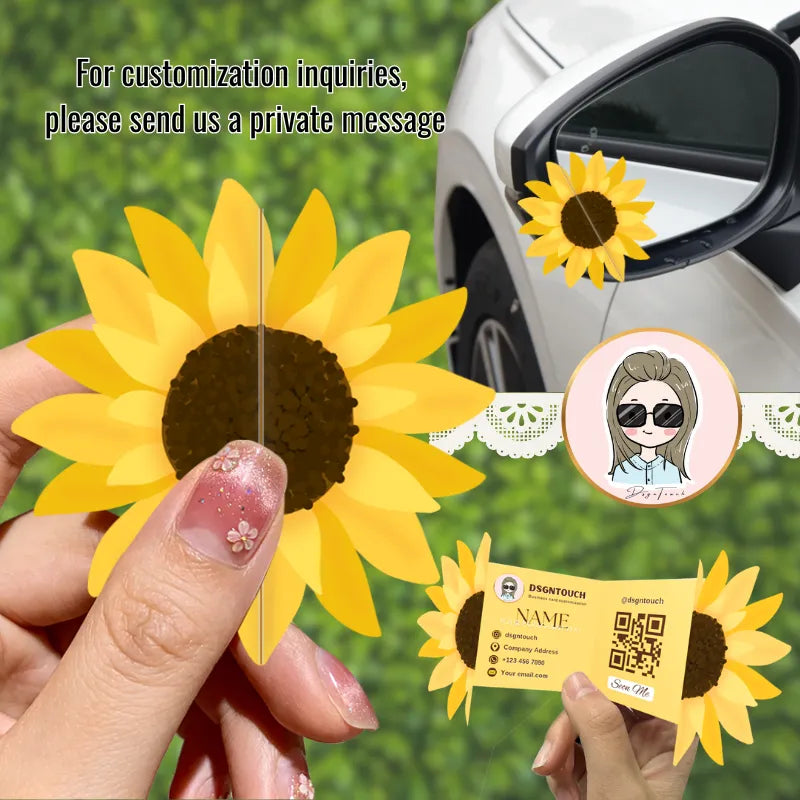 Custom flower shape die cut flyers held near a car window, showcasing vibrant sunflower design from DSGNTOUCH.