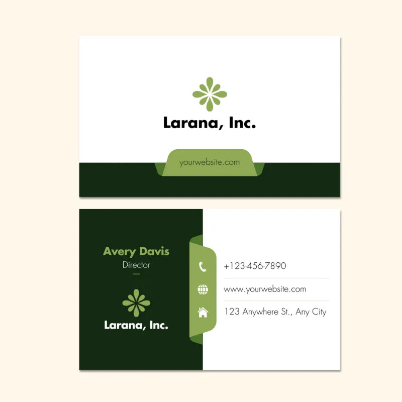 Sleek professional business card layout tailored for Larana Inc. director positions, boasting a clean green-and-white color palette, prominent company logo placement, and all essential contact details.
