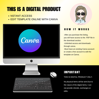Digital product image showing Canva template editing with instant access and important notes.
