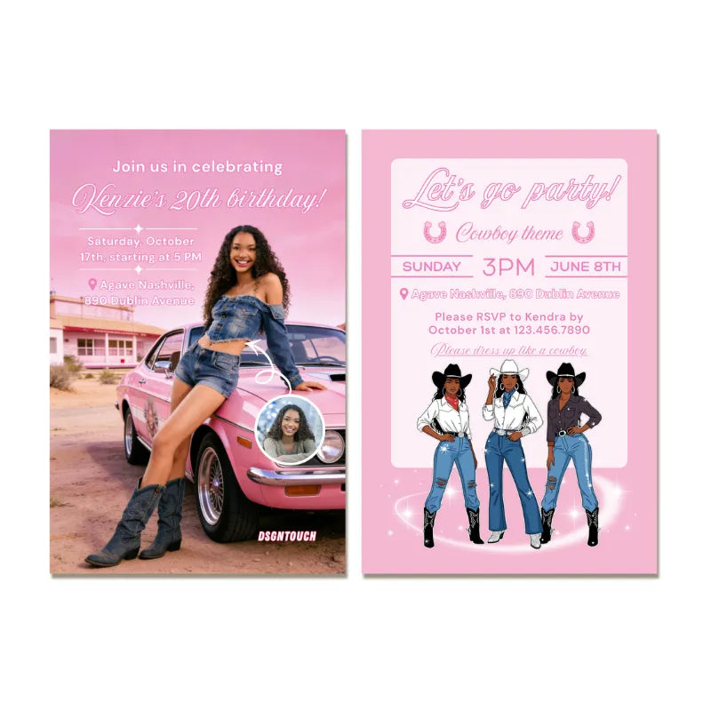 Cowgirl themed pink birthday card invitation, 10x15cm size, 300g paper, free design template, "dress up like a cowboy" party theme
