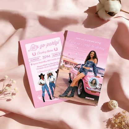Cowgirl themed pink birthday card invitation displayed on fabric, 10x15cm size, 300g paper, free design template