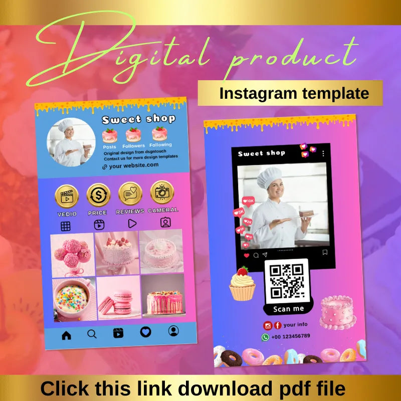 Sweet shop Instagram template bundle (digital product): includes a profile layout (showcasing pastries) + QR code card with cupcake accents; includes a PDF download prompt.