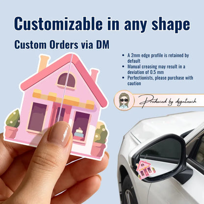 Custom house cleaning business cards in unique shape design, showcased on a car mirror.