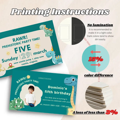 Printing and care instructions for custom photo birthday cards, including color tips.