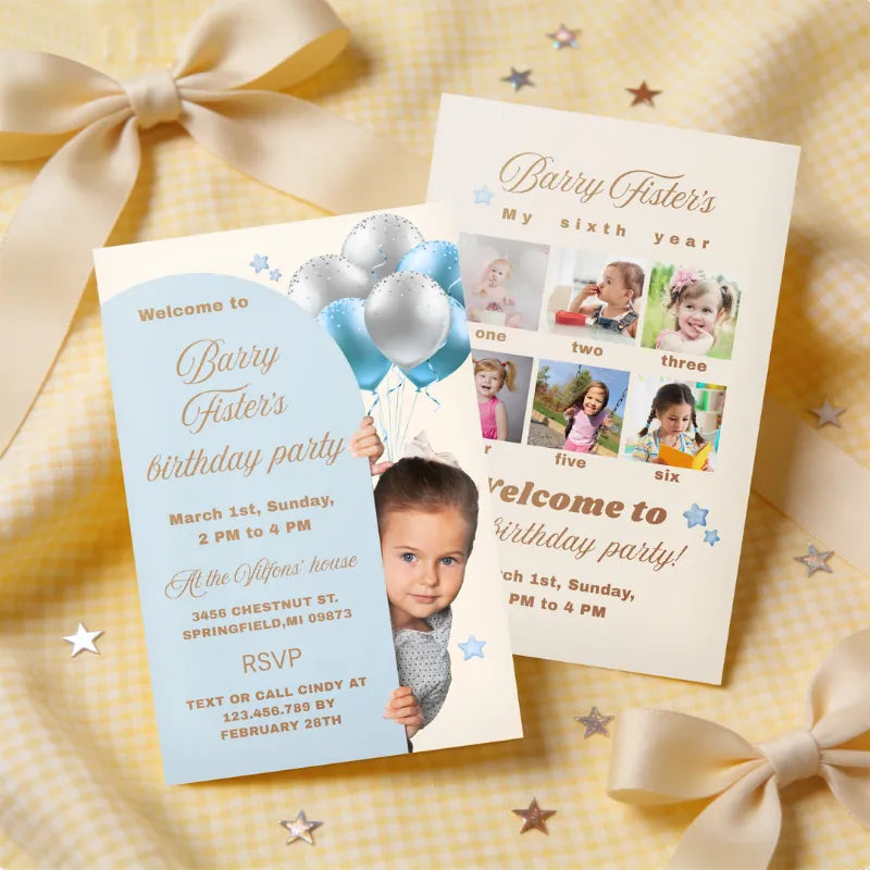 Example of a personalized birthday party invitation. We provide free design to create your perfect card in any theme, like nautical adventures.